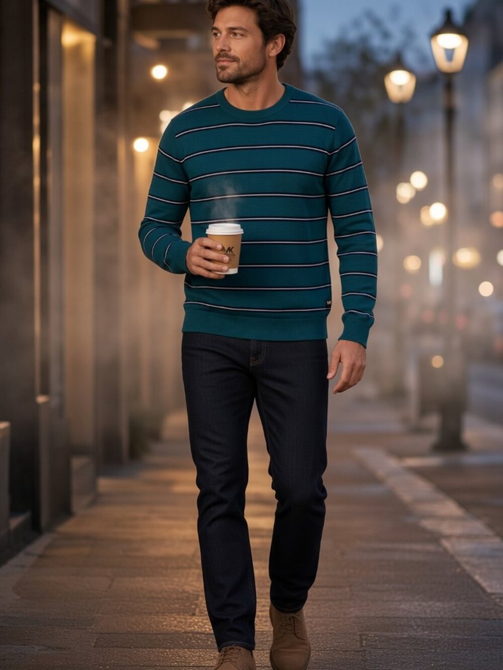 Michael Kors Men Green Extra Fine Merino Wool Striped Crewneck Pullover US XL